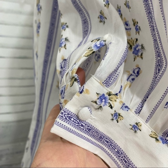 Antonio Melani Size 14 Square Neck Linen Floral Striped Blouse White Blue Boxy - Picture 5 of 9